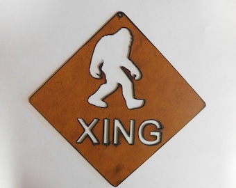 Sasquatch Crossing sign made out of rusted metal