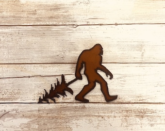 Bigfoot  Yeti Sasquatch with Pinetree Yeti Sasquatch Rustic Metal Magnet