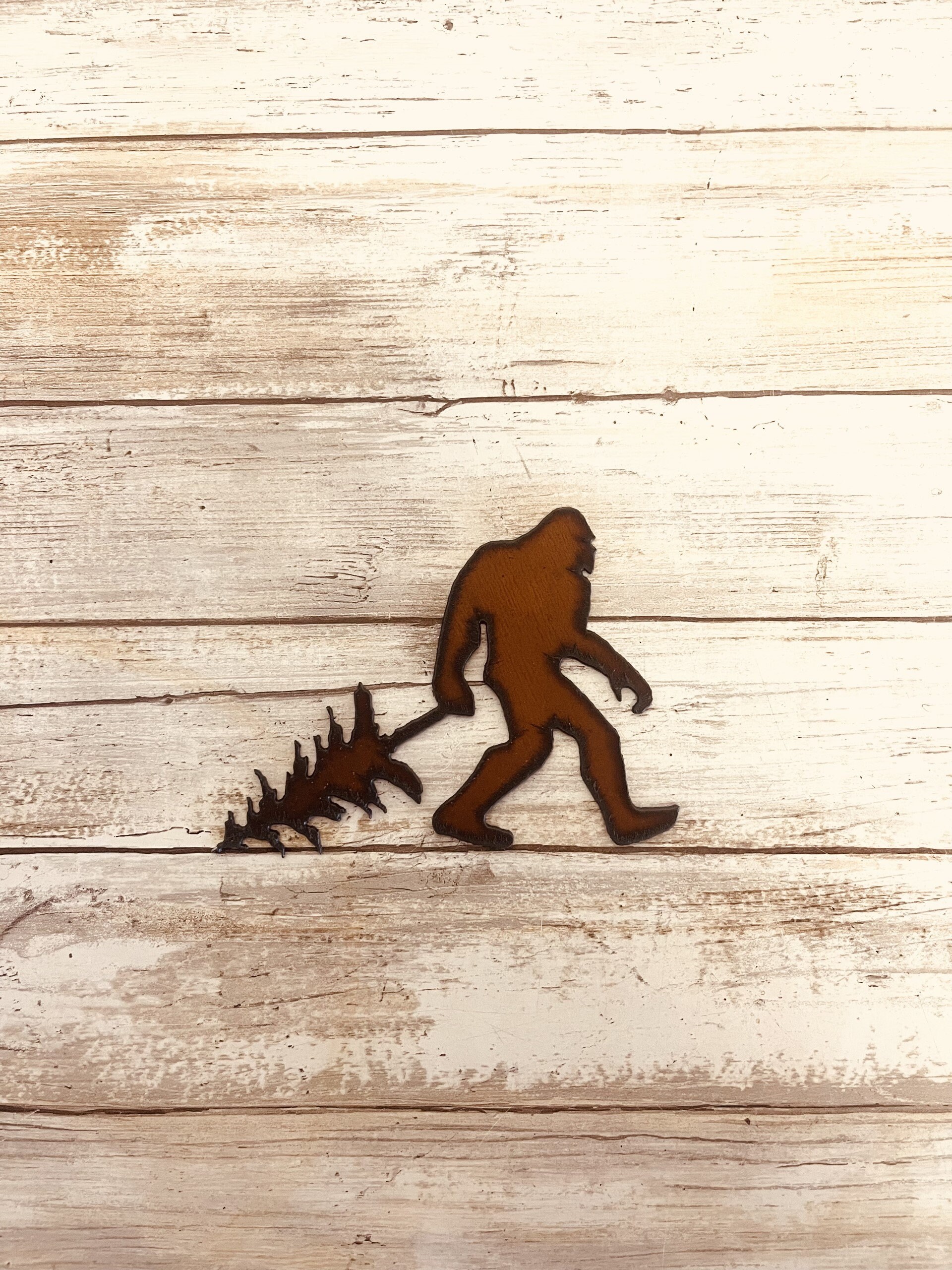 Bigfoot  Yeti Sasquatch with Pinetree Yeti Sasquatch Rustic Metal Magnet