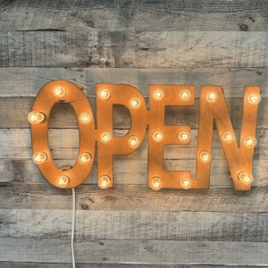 Open Marquee Rusted Metal Vintage Inspired Lighted Sign Store Front Open Sign