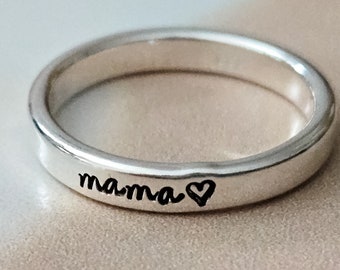 Mama Silver Stacking Ring - Personalized Silver Name Ring For Mom - Custom Child's Name Ring for New Mother -  First Mother's Day Jewelry