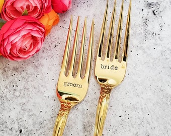 Gold Vintage Forks for Bride and Groom - Wedding Present - Engagement Gift - Mr. and Mrs. - Recommitment Ceremony - Anniversary Present