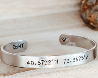Men's Personalized Cuff - Latitude - Roman Numerals - Stamped Silver -  Aluminum Adjustable Dad or Husband Cuff Bracelet - Anniversary Gift