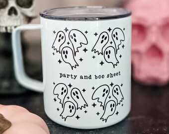 Funny Ghost Halloween Travel Mug: 'Party and Boo Sheet' Insulated Stainless Steel Cup