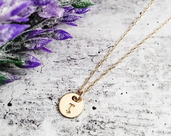 Gold Initial Disc Necklace - 14k Gold Dainty Initial Pendant - Hand Stamped Pendant - Solid Gold Letter Necklace - Christmas Gift for Mom