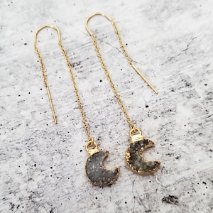 Moon Threader Earrings - Boho Celestial Druzy Jewelry - Whimsygoth Silver Crystal - Gold Sparkly Quartz Moon Accessory - Gift for Mom