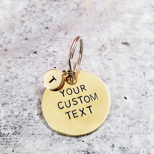 Custom Brass Disc Keychain with Tiny Tag - Personalized Key Ring - Cute Key Holder with Initial - Bag & Wallet Accessories - Gift for Her