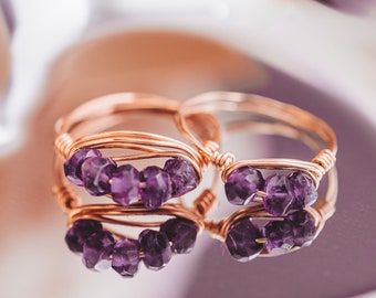 Amethyst Crystal Bar Ring, Wire Wrapped Purple Stone Ring, Gold Filled, Rose Gold or Silver, February Birthstone Jewelry