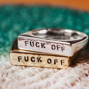 F*CK OFF Ring - Middle Finger Gold Plated Flat Top Ring - Custom Silver Name Ring - Personalized Jewelry for Teens - Funny FU Gold Ring
