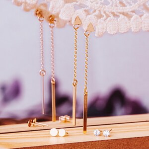 Dainty Rectangle Dangle Gold Earrings - Mix and Match Ear Jacket Earrings - Gold Filled Studs with Paperclip Chain - Day to Night for Her