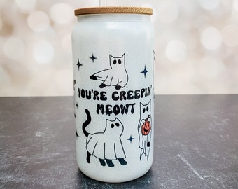 Ghost Cat Halloween Glass Can Cup: Spooky Season Iced Coffee Tumbler