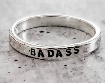 Badass Sterling Silver Band Ring: Personalized Stacking Name Ring