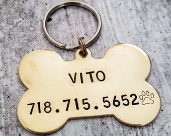 Hand Stamped Dog Bone Pet Tag: Personalized Pet ID, Name & Number