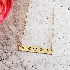 Boho Arrow Bar Necklace - Swarovski Crystal Accent Necklace - Personalized Silver Necklace for Her - Hand Stamped Rose Gold - Gift for Mom