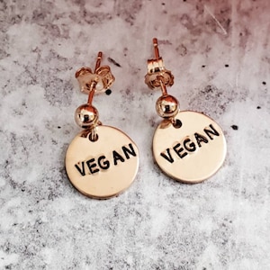 VEGAN Earrings - Custom Rose Gold Earrings - Dainty Circle Disc Stud Earrings - Personalized Dangle Pair of Studs - Cruelty Free - Holiday