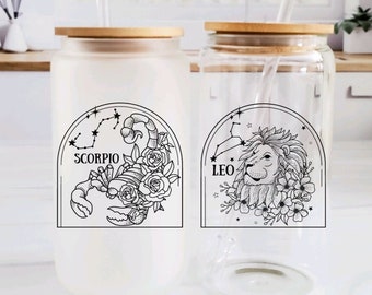 Zodiac Glass Cup with Lid and Straw -  Constellation Iced Coffee Cup - Horoscope Sign Drinking Glass - Star Sign Travel Cup  - Astrology