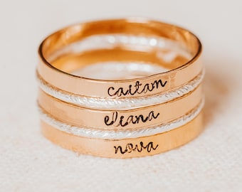 Custom Gold or Silver Stacking Name Ring, Hand Stamped Personalized Band, Minimalist Family Jewelry, Mother’s Ring