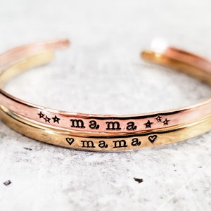 Mama Bracelet - Personalized Name Bracelet for Mom - Silver Stacking Bracelet for Mother&#39;s Day - Gold Mama Skinny Cuff Bracelet