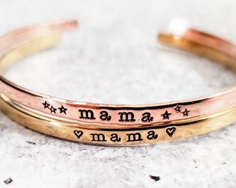 Mama Bracelet - Personalized Name Bracelet for Mom - Silver Stacking Bracelet for Mother's Day - Gold Mama Skinny Cuff Bracelet