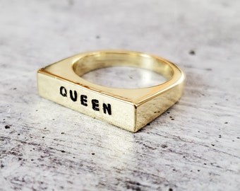 QUEEN Ring Hand Stamped Gold Plated Flat Top Ring custom Silver PRIDE Skinny Band Personalized for Tweens LGBTQ Holiday Gift Jewelry Etsy UK