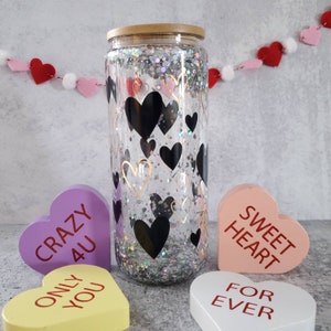 Valentine&#39;s Day Heart Snowglobe Glass - Silver Glitter Snowglobe Cup for Valentine - Heart Birthday Gift for Iced Coffee Lover - For Friend