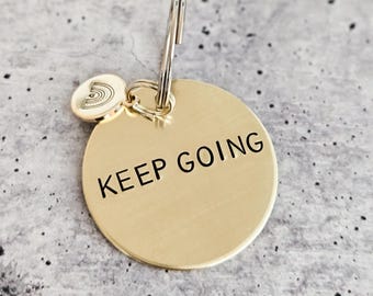 Keep Going Brass Keychain Encouragement Gift, Motivational Keychain for Her or Him, Personalized with Rainbow or Initial Charm