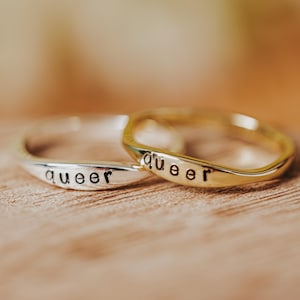 QUEER Dainty Gold Ring - LGBTQIA+ Silver Pride Jewelry - Accessory for LGBTQ- Gift for Queer Friend - Nonbinary Finger Band - Genderfluid