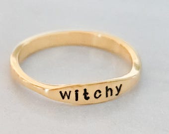Witchy Ring, Dainty Hand Stamped Silver or Gold Plated Band, Minimalist Mystic Ring, Stacking Ring