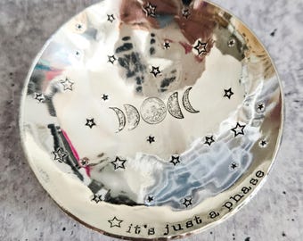 It’s Just a Phase Ring Dish – Handmade Pewter Jewelry Dish with Moon Phases and Stars – Celestial Gift for Her, Handmade Trinket Bowl