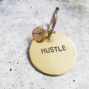 HUSTLE Key Ring - Inspirational Women&#39;s Gift - Boss Babe Key Fob - Work Life Key Chain - Brass Keychain - Gift for Work Bestie - For Her