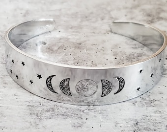 Moon Phases Bracelet -  Bohemian Jewelry - Celestial Wide Cuff - Personalized Bangle - Moon and Stars - Halloween Moon Lover Gift for Her