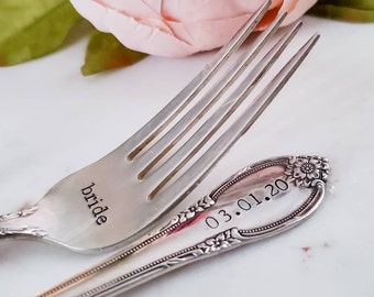 Wedding Day Forks - Couverts vintage en argent personnalisés pour les mariés - Cadeau de fiançailles personnalisé pour couple - Date de mariage - Anniversaire