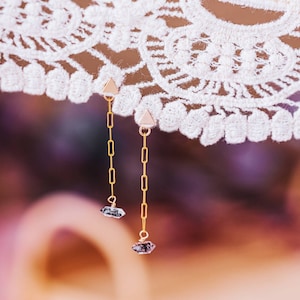 Dainty Black Crystal Dangle Earrings: 14k Gold Filled Chain Backs