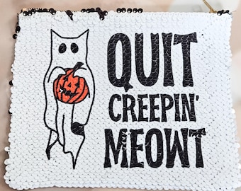 Quit Creepin’ Meowt Cat Bag – Halloween Sequin Pouch – Black Flip to White Makeup Bag, Funny Spooky Zipper Pouch