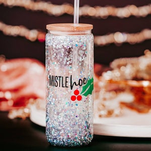 Mistlehoe Christmas Snowglobe Tumbler - Secret Santa Holiday Gift - Funny Glass Can Cup for Christmas Party - White Elephant Gift for Friend