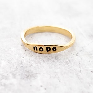 NOPE Dainty Gold Ring - Minimalist Silver Jewelry for Her - Stacking Ring for Single Friend - Funny Feminist Accessory - Holiday Gift
