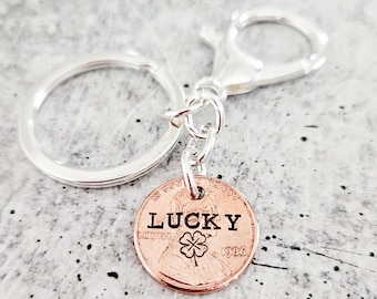Lucky Penny Keychain: Stamped Four Leaf Clover, Irish Good Luck Charm