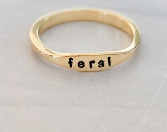 Feral Ring, Dainty Hand Stamped Silver or Gold Plated Band, Minimalist Word Ring, Stacking Ring