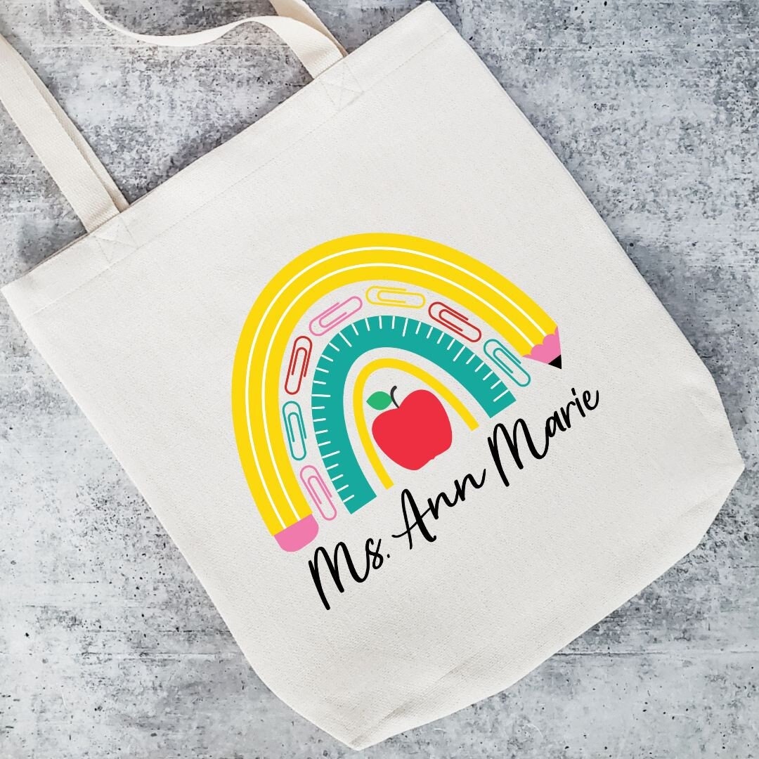 Personalized Teacher Tote Bag: Rainbow School Supplies Design - Etsy