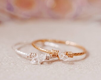 Herkimer Diamond Stacking Ring, Dainty Gold Filled or Sterling Silver Crystal Band, Minimalist Everyday Ring