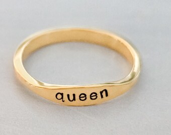 Queen Ring, Dainty Hand Stamped Silver or Gold Plated Band, Minimalist Empowerment Ring, Stacking Ring