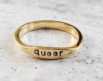 QUEER Dainty Ring - LGBTQIA+ Pride Jewelry - Cute Accessory for LGBTQ- Gift for Genderqueer Friend - Nonbinary Finger Band - Genderfluid