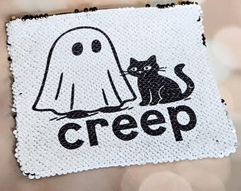 Halloween Sequin Pouch: Ghost Cat "Creep" Makeup Bag