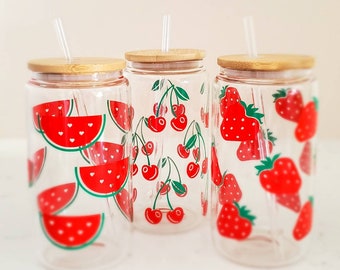 Summer Glass Iced Coffee Cup - Strawberry Beer Can Glass - Summer Aesthetic Soda Can with Bamboo Lid - Cherry Glass - Watermelon Cocktail