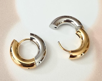 Two Tone Chunky Hoop Earrings: Silver and Gold Huggie Hoops