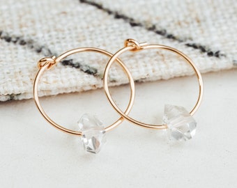 Dainty Crystal Hoop Earrings - Herkimer Diamond Earrings for Her - Silver Wire Hoops for Daughter - Sparkly Classic Jewelry for Women