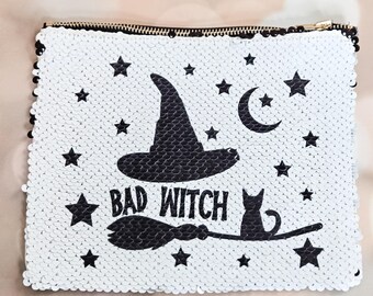 Bad Witch Sequin Pouch: Cat & Broom Halloween Makeup Bag