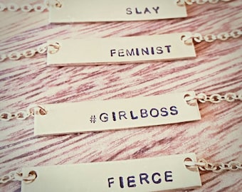 Girl Power Necklace - SLAY - FIERCE - #GIRLBOSS- Custom Necklace - Inspirational Women's Gift - Stamped Brass Bar - Stocking Stuffer for Her