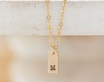 Tiny Initial Necklace, Personalized Rectangle Letter Charm, Minimalist Gold or Silver Jewelry, Stacking Initial Necklace, Gift for Her