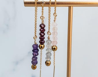Crystal Threader Earrings – Dainty Gold or Silver Gemstone Drop – Amethyst, Garnet, Moonstone, Rose quartz